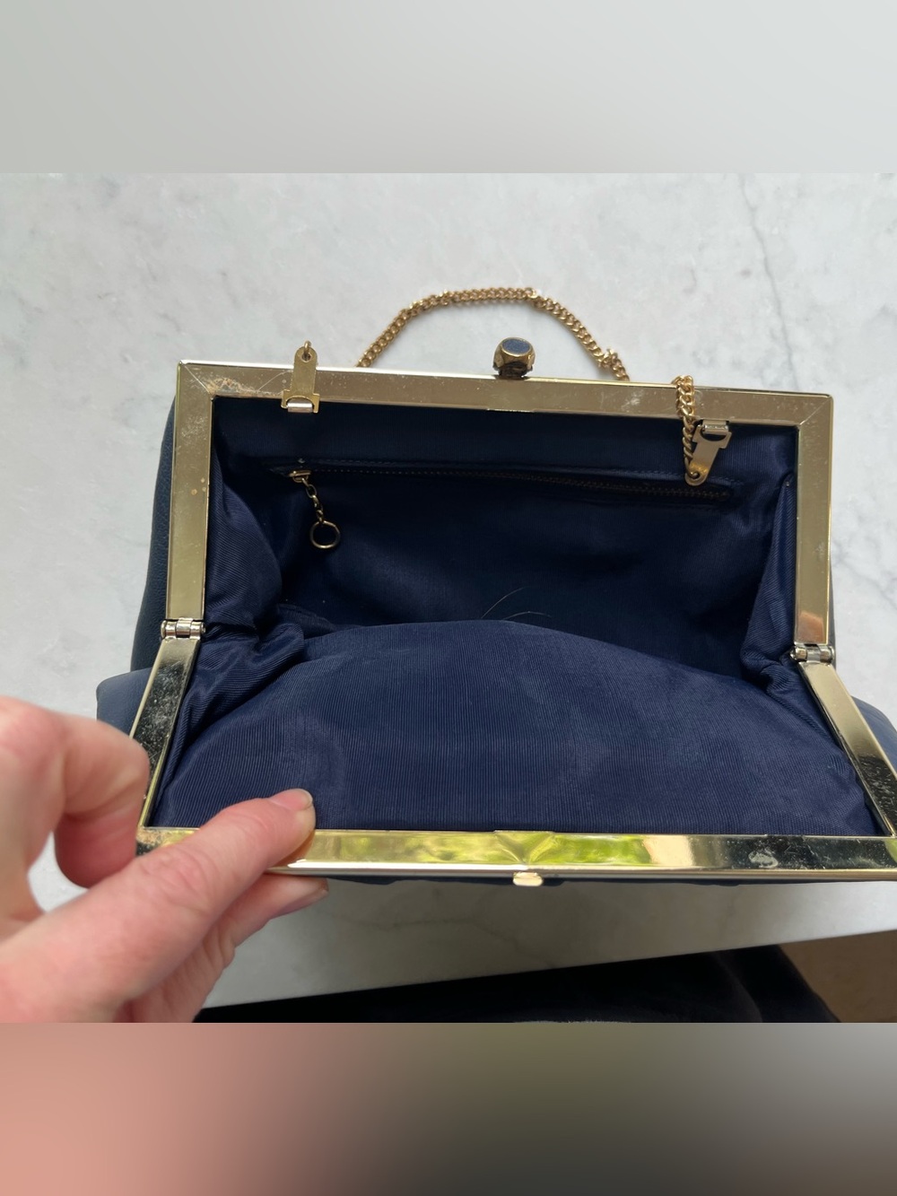 Vintage Navy Leather Clutch / Chain-Handle Evening Hand Bag - Picture 3 of 7